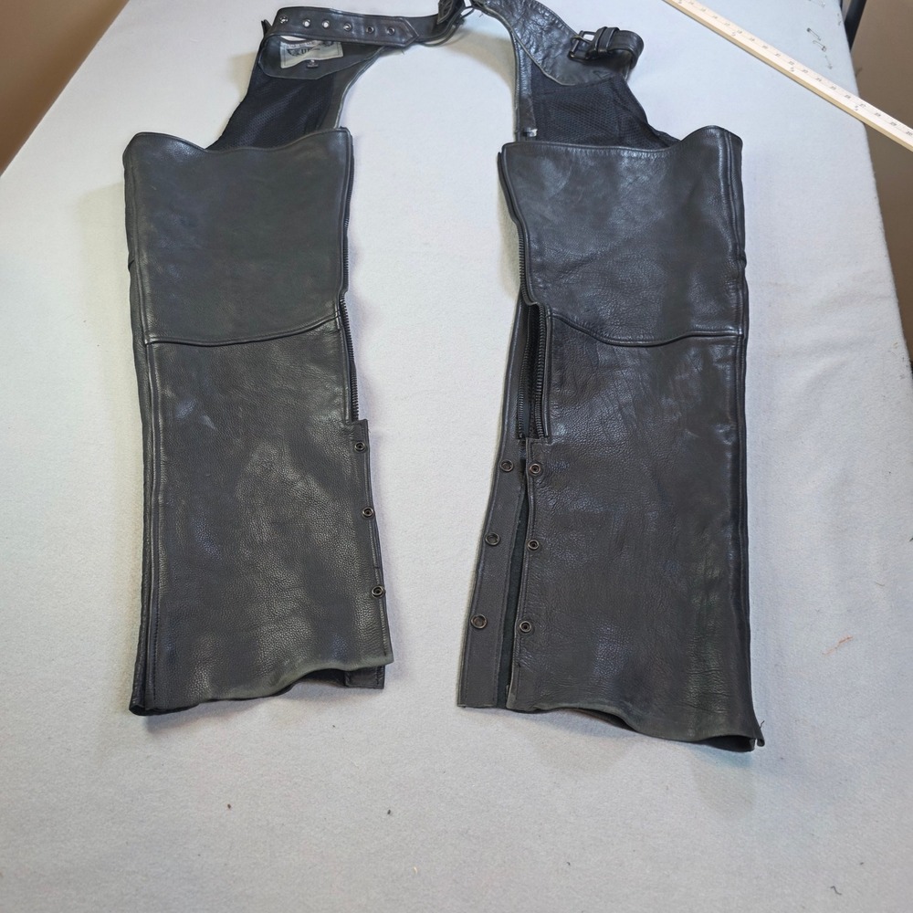 Distressed Black Leather Motorcycle Chaps Road Worn Biker Gear Adjustable Belted